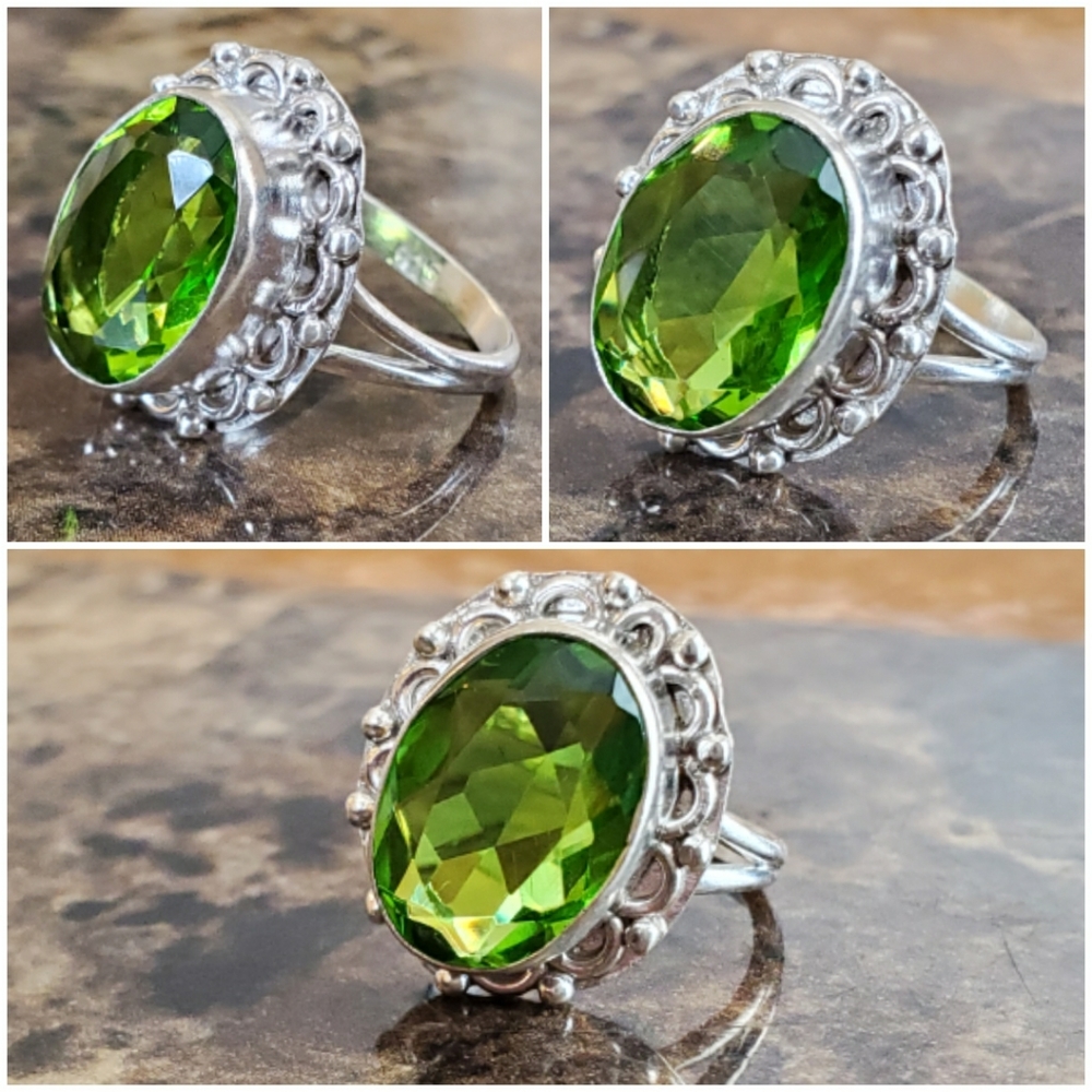 Genuine 7ct Faceted Green Peridot Ring Size 6 - Picture 6 of 7